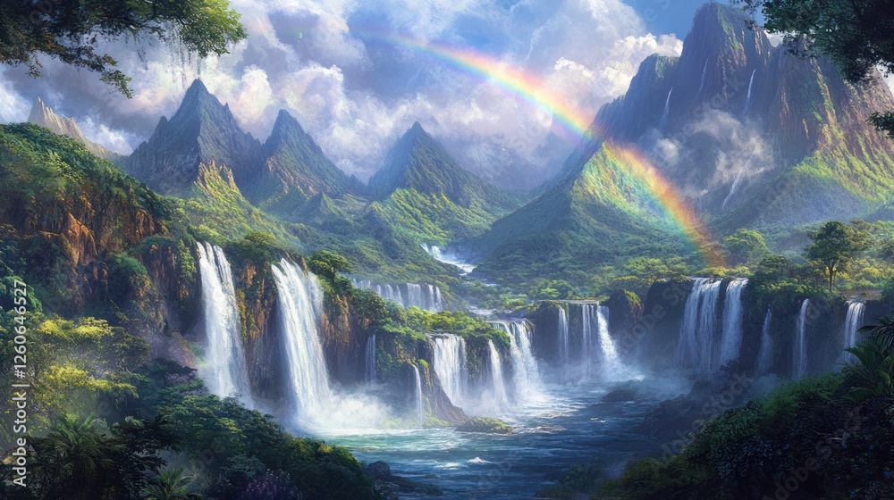 Fototapeta premium Tropical valley waterfalls rainbow paradise; scenic travel poster