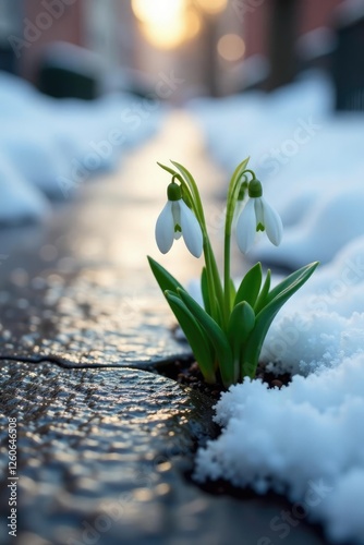 Wallpaper Mural Snowdrops grow through cracks in a frozen sidewalk, cold weather, sidewalk, ice Torontodigital.ca