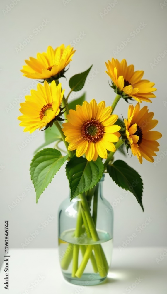 Sunflower field flowers in a clear glass vase, blooms, stems Sunflower field flowers in a clear glass vase, blooms, stems