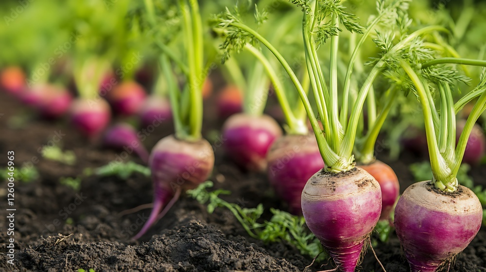 Purple turnips growing in a garden. Healthy harvest background. Food image Purple turnips growing in a garden. Healthy harvest background. Food image
