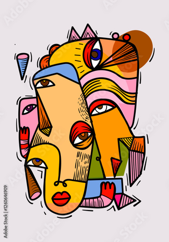 Aesthetic abstract face portrait people geometric decorative doodle hand drawn vector illustration. Artistic design art print, wall art, cards and poster.