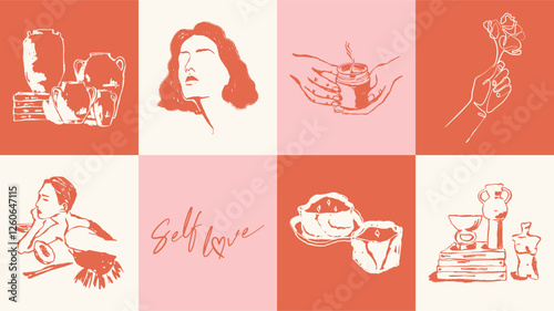 Collection of sketch style illustrations. The main theme is self love and self care.