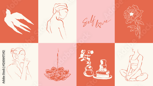 Collection of sketch style illustrations. The main theme is self love and self care.