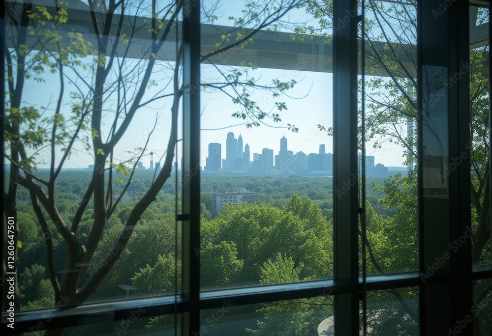 Panoramic view of a lush green forest through glass windows in a modern building ideal for nature lovers and eco-friendly designs Panoramic view of a lush green forest through glass windows in a modern building ideal for nature lovers and eco-friendly designs