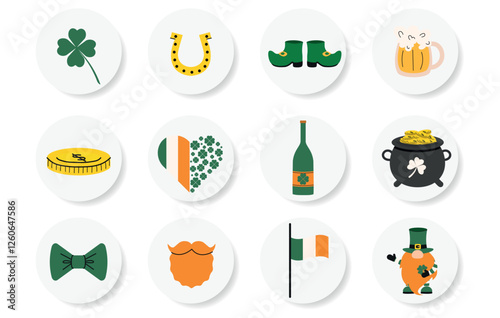 Vector Happy Patrick's Day big round stickers set. Clover, gold coins pot, flag, moustache, horseshoe, leprechaun, hat, flags and bow tie for decorating gifts, banners, postcards, greeting cards.