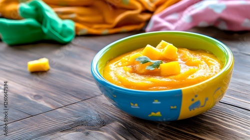 Delicious Homemade Baby Food Pumpkin Puree in Colorful Bowl