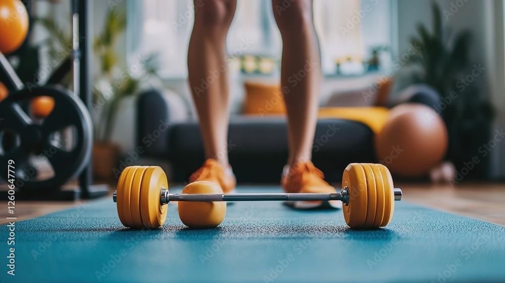 Naklejka premium A person following a fitness routine in their home gym, using minimal equipment like dumbbells and resistance bands.