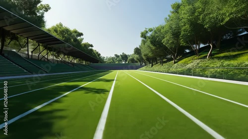 Wallpaper Mural An expansive view of a green athletic track surrounded by trees, suggesting a lively sports environment with potential competition. Torontodigital.ca