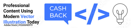 Cashback speech bubble with coding symbol and lightbulb emphasizing technology, creativity, incentives, and opportunities. Ideal for fintech, programming, marketing, startups, e-commerce innovation