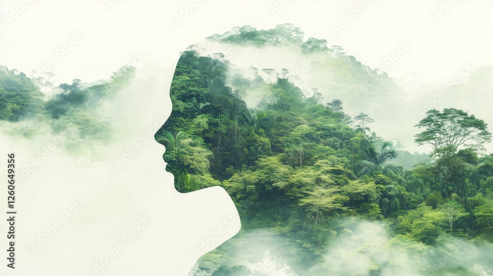 Woman silhouette merging with tropical rainforest and fog in double exposure effect Woman silhouette merging with tropical rainforest and fog in double exposure effect