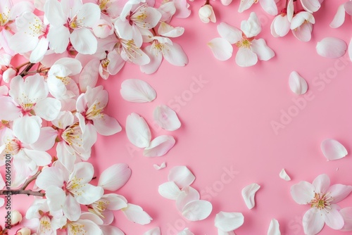 Fresh branch of white cherry blossoms and petals on light pink background. Pastel color. High definition photo