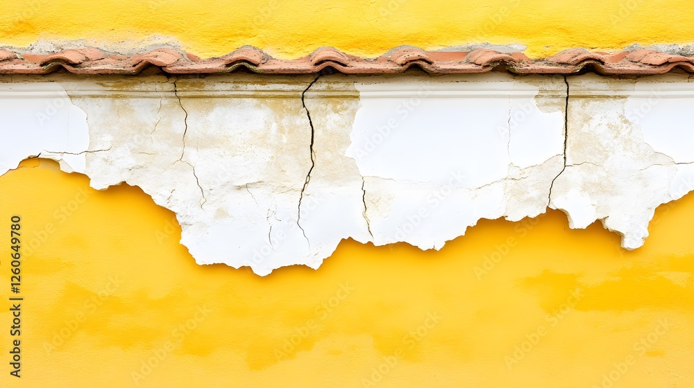 Obraz premium Aged Yellow Wall with Peeling White Plaster and Tile Roof Detail