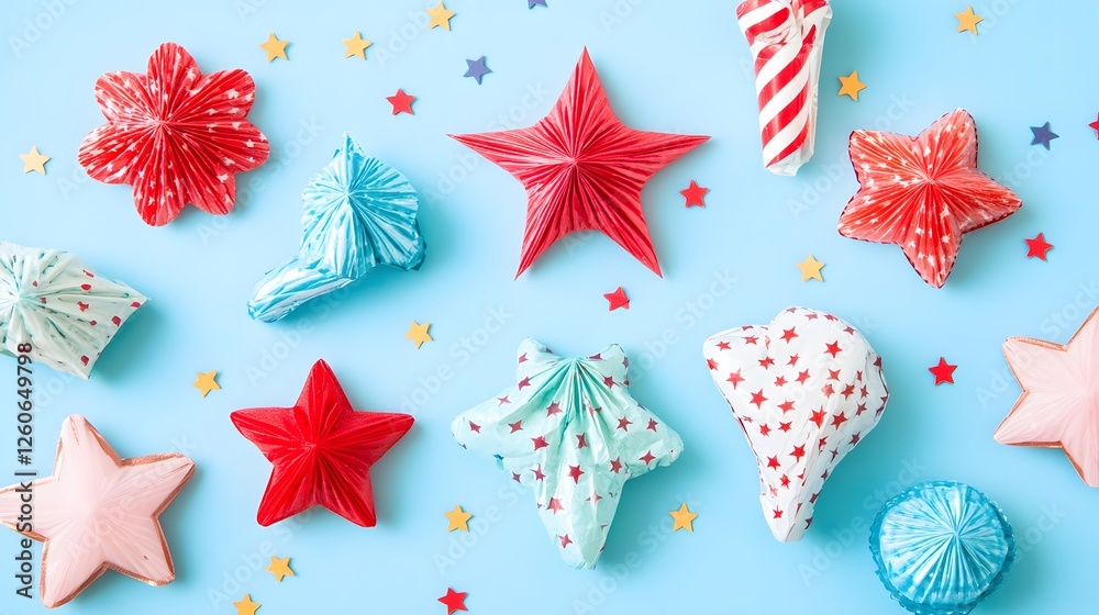 Fototapeta premium Festive Paper Stars and Confetti Party Decorations