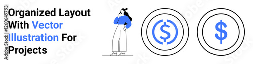 Woman pondering beside two dollar icons encased in circles, symbolizing budgeting, finance, and decision-making. Ideal for business, management, investment, savings, analysis education flat landing
