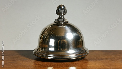 Polished Silver Hotel Calling Bell On Wooden Table