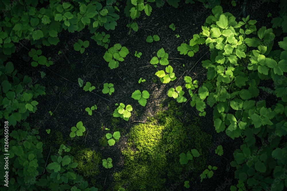 Sunlight dapples a forest floor, illuminating vibrant green leaves and moss. Sunlight dapples a forest floor, illuminating vibrant green leaves and moss.