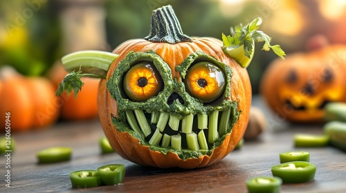 Spooky Vegetable Monster with Glowing Jalapeo Eyes and Pumpkin Skull photo