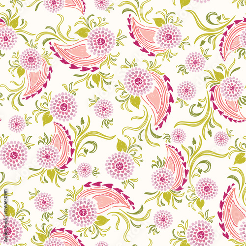 Pretty Hand Drawn Sketch Style Paisley With purple Flower And Swirly Green Leaves Pattern