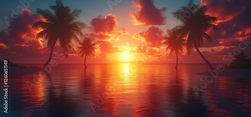 Vivid tropical sunset painting the ocean with fire, framed by palm trees