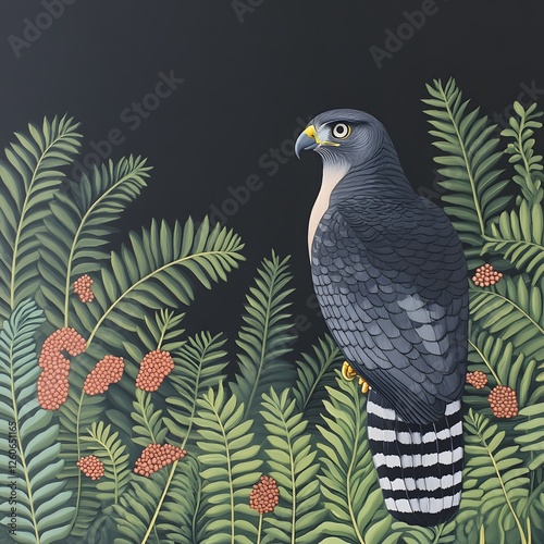 Majestic Hawk in Lush Tropical Foliage, Botanical Art Print