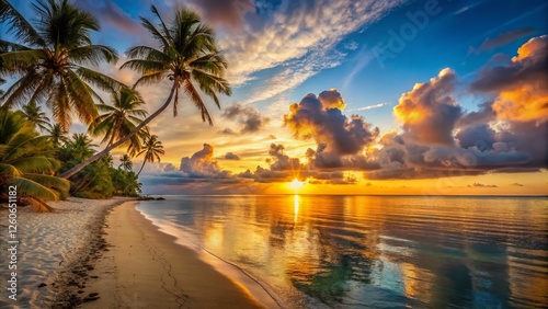 Stunning Sunset over Tuamotus Beach, French Polynesia - Idyllic Tropical Paradise photo