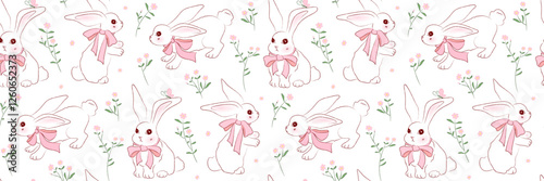 Seamless pattern with hand drawn bunnies wearing pink bows and small flowers. Crayon pencil texture. Cute background in girly coquette style, wallpaper for spring, Easter designs, print, fabric.
