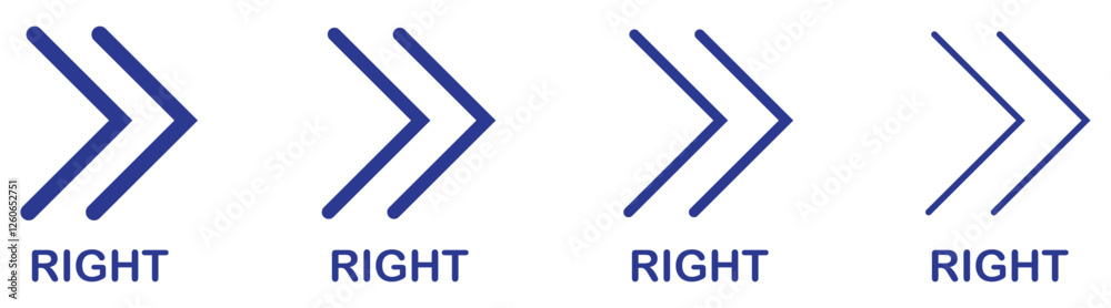 Swipe arrow right icon set vector illustration. Double swipe arrow right buttons. Double right arrow direction symbol vector icon set bold to thin blue forward navigation sign. next icon. forward Swipe arrow right icon set vector illustration. Double swipe arrow right buttons. Double right arrow direction symbol vector icon set bold to thin blue forward navigation sign. next icon. forward