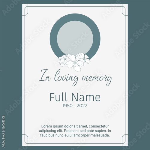 funeral card template with round photo frame and blue flowers