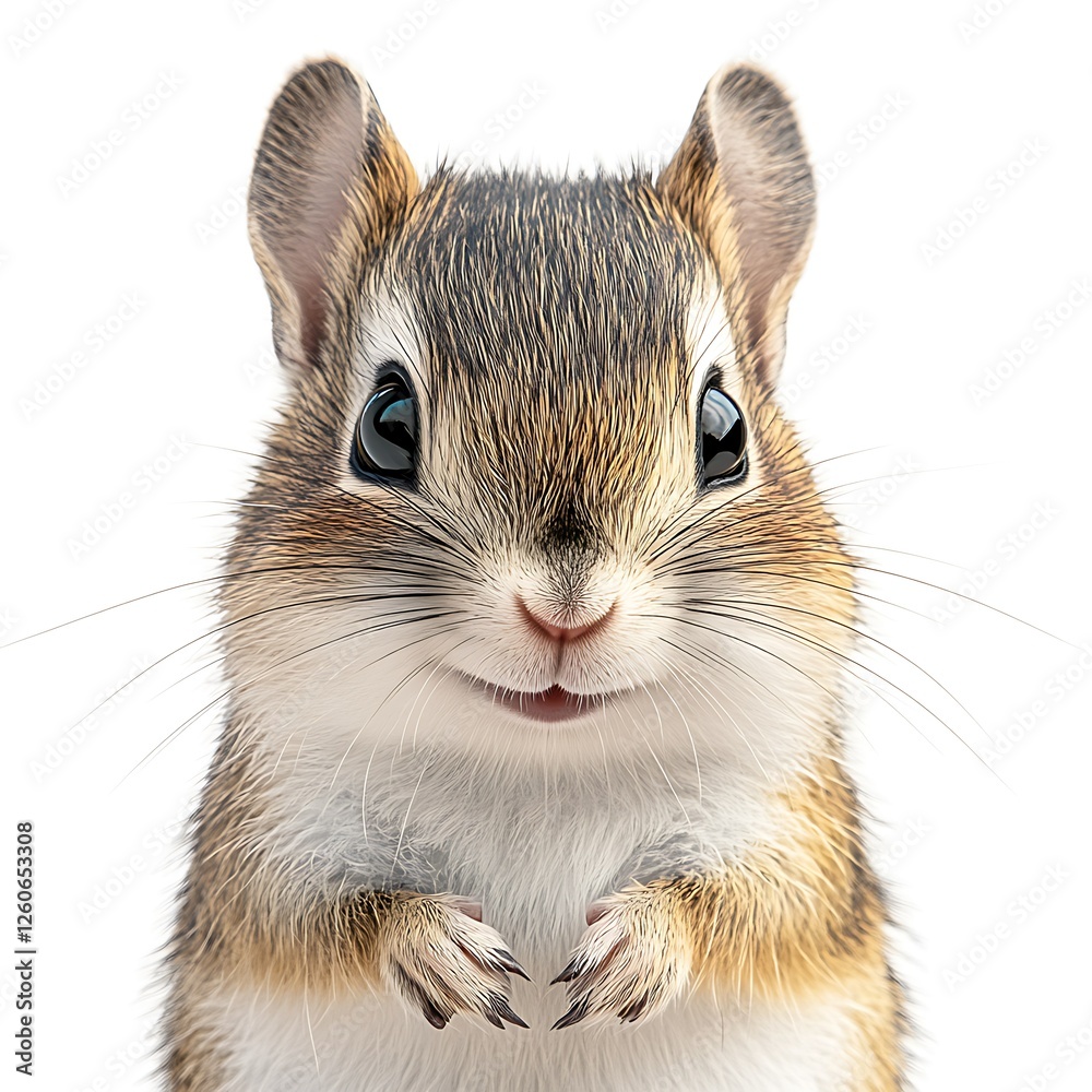 Obraz premium Cute chipmunk portrait, paws forward, white background, wildlife photography, ideal for pet, nature, or children's book