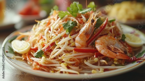 Fresh Green Papaya Salad with Shrimp, Herbs, and Vegetables Served on Elegant Dining Table photo