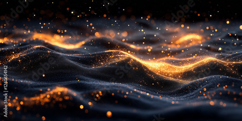 Abstract black sand particles glowing with ethereal light, surreal waves of granular surfaces with bright floating sparks and illuminated textures in a tranquil dreamlike landscape