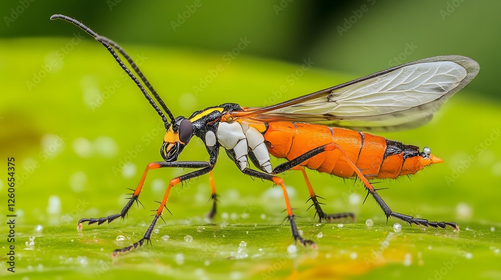 Fototapeta premium Vibrant Orange Insect Macro Photography on Leaf