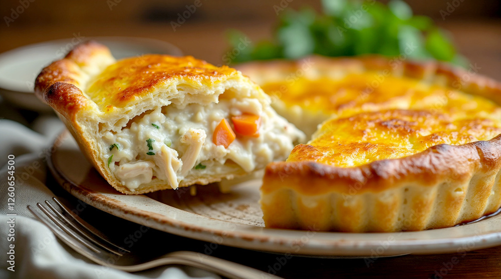 Homemade chicken pot pie with golden flaky crust, filled with tender chicken, carrots, and potatoes, served in a rustic kitchen setting on a wooden table with checkered napkin and vintage dishes Homemade chicken pot pie with golden flaky crust, filled with tender chicken, carrots, and potatoes, served in a rustic kitchen setting on a wooden table with checkered napkin and vintage dishes