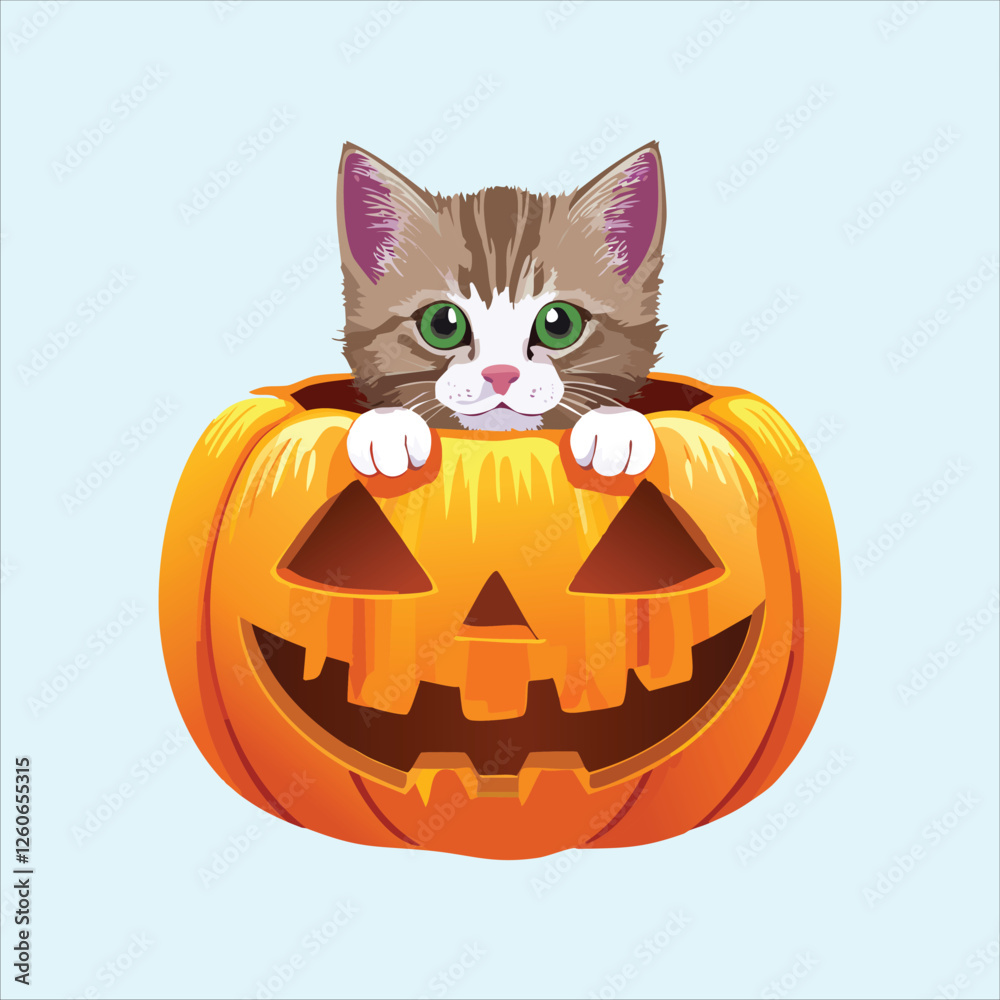 Fototapeta premium Chubby kitten sitting inside a glowing jack-o'-lantern
