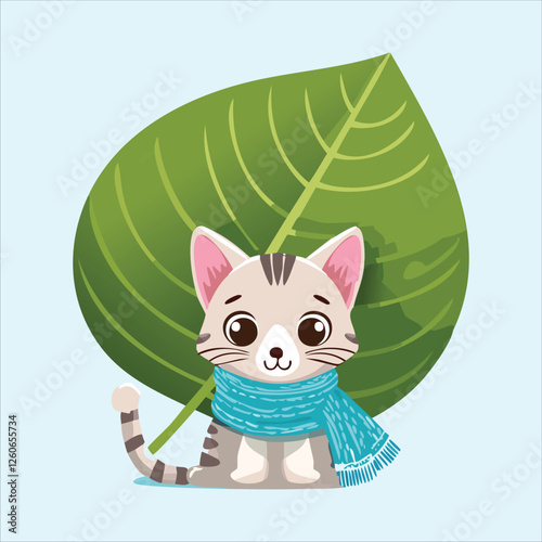 cat sitting with a leaf behind