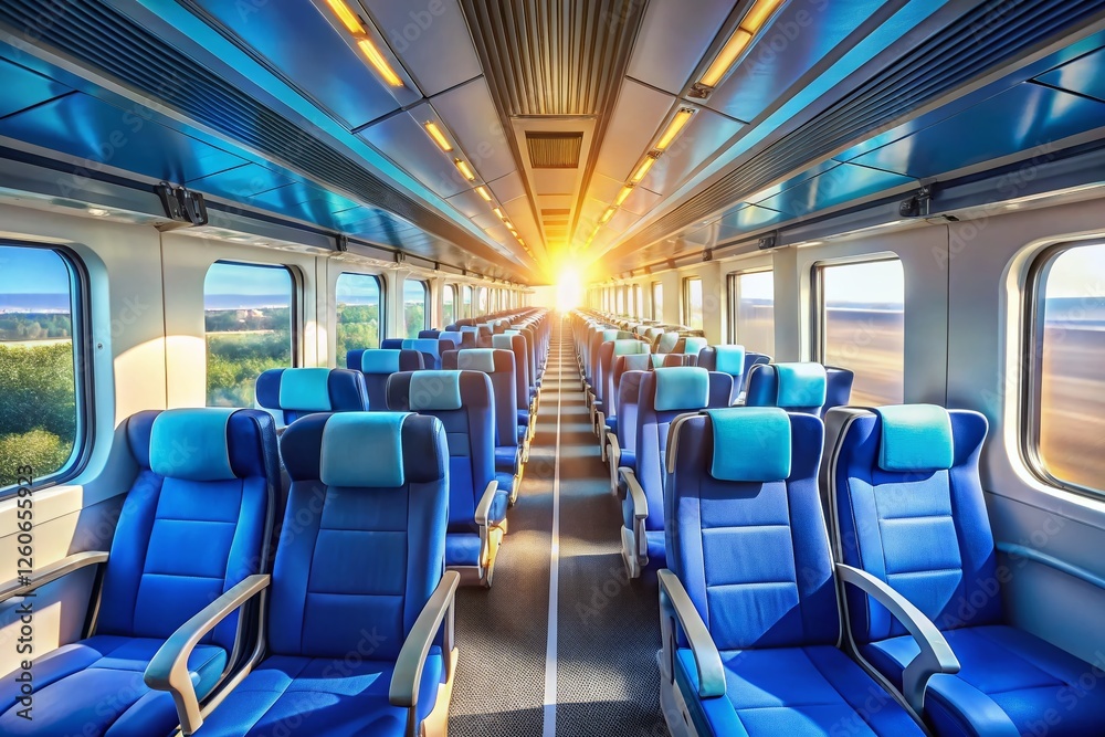 Empty Train Carriage with Blue Seats - Drone Photography Stock Photo Empty Train Carriage with Blue Seats - Drone Photography Stock Photo