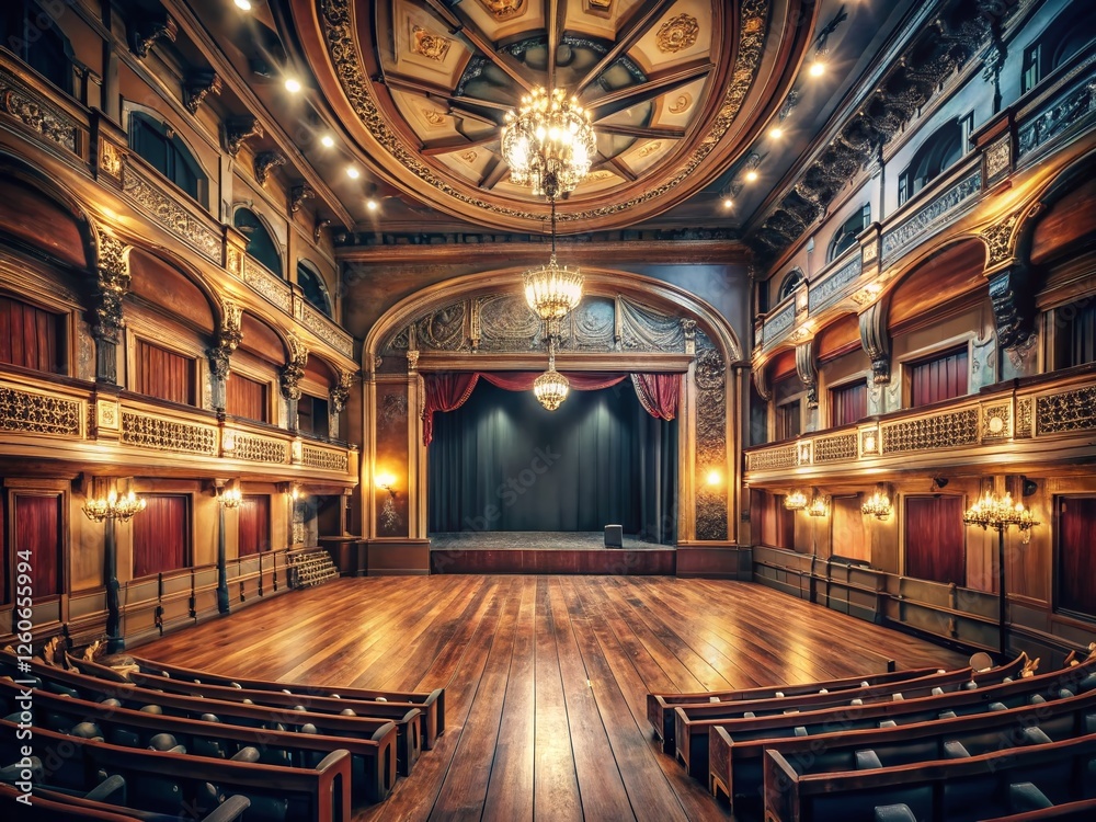 Obraz premium Empty Vintage Theater Auditorium Stage, Classic Wooden Opera House Interior, Retro Concert Hall
