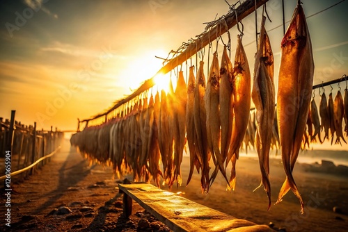 Sun-Dried Bombay Duck Fish Hanging in Coastal Drying Field, Long Exposure Photography photo