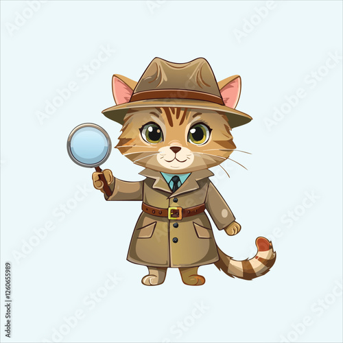 Cute detective cat wearing a trench coat and holding a magnifying glass