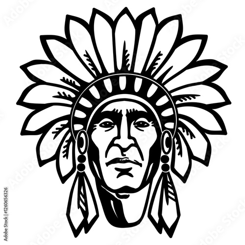 Native american indian graphic black silhouette. Vector Chief head with feathers isolated on white background for print or decor
