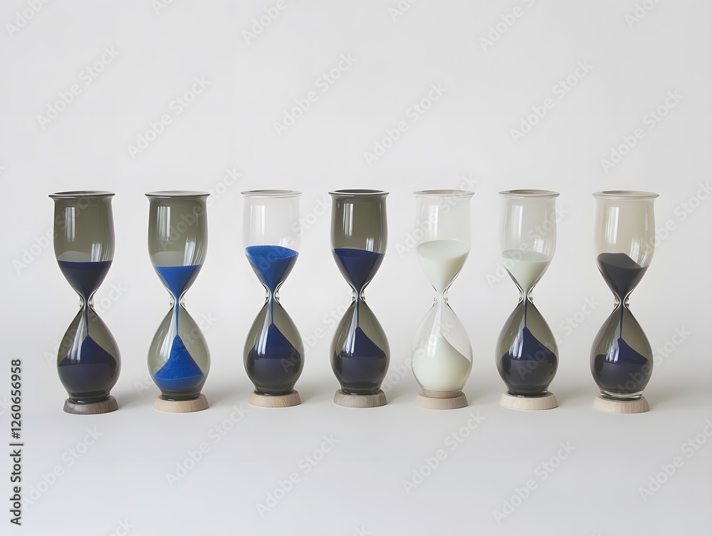 Fototapeta premium Six Hourglasses Showing Time Progression Blue and White Sand