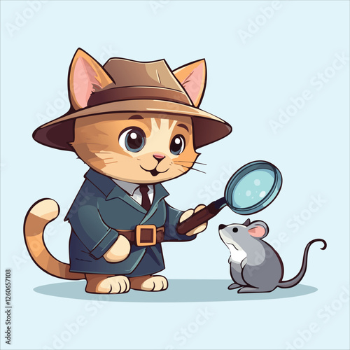  cat detective interrogating a suspicious-looking mouse