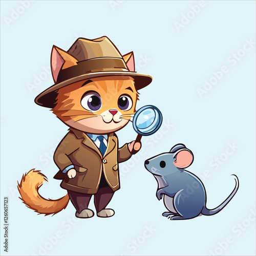  cat detective interrogating a suspicious-looking mouse