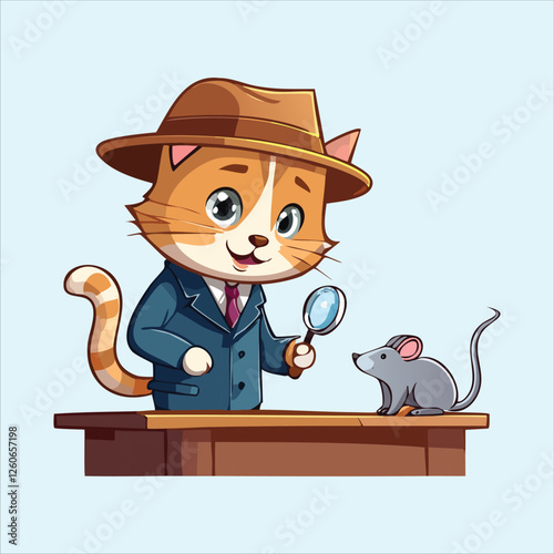  cat detective interrogating a suspicious-looking mouse
