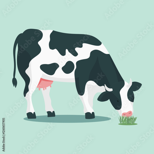 A vector illustration of a dairy cow grazing on lush green grass on a green background.