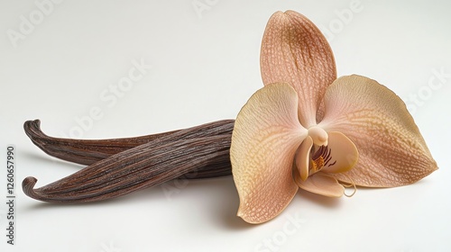 Vanilla orchid still life, gourmet spice, elegant display, food photography, delicate beauty photo