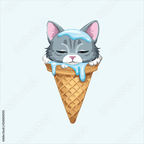 Melting ice cream cat resting on a waffle cone, looking sleepy