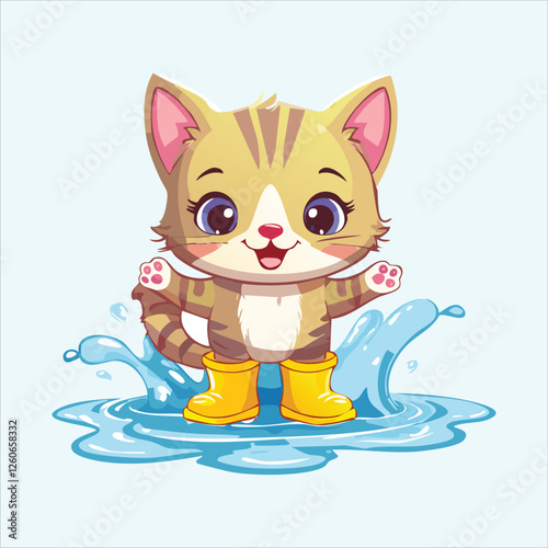 Adorable chibi cat splashing in a puddle with rain boots, rainy cat