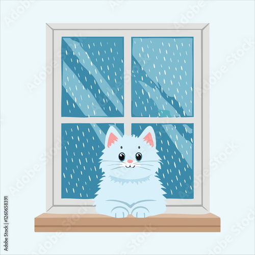 Happy cat watching raindrops slide down a glass window