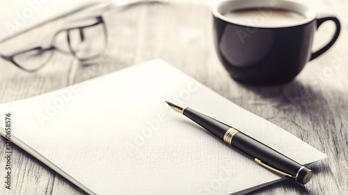 Elegant Fountain Pen on Blank Notecard Coffee Workplace